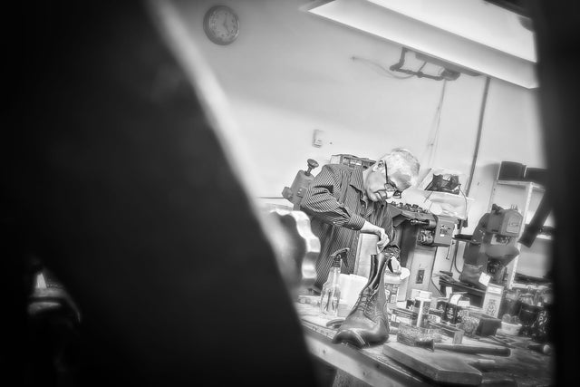 David working on a custom leather boot at HD Russell workshop in East Vancouver