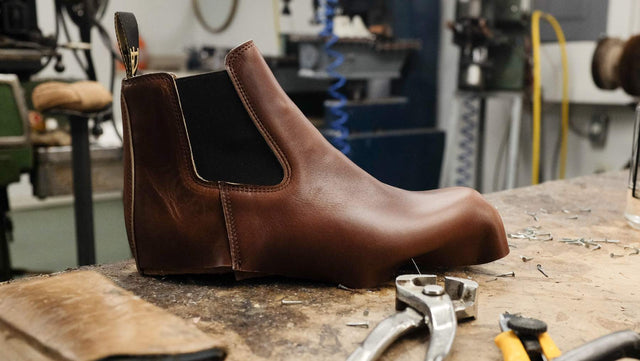 A work in progress on a custom Chelsea (Horween Whiskey Cavalier) boot on a work table