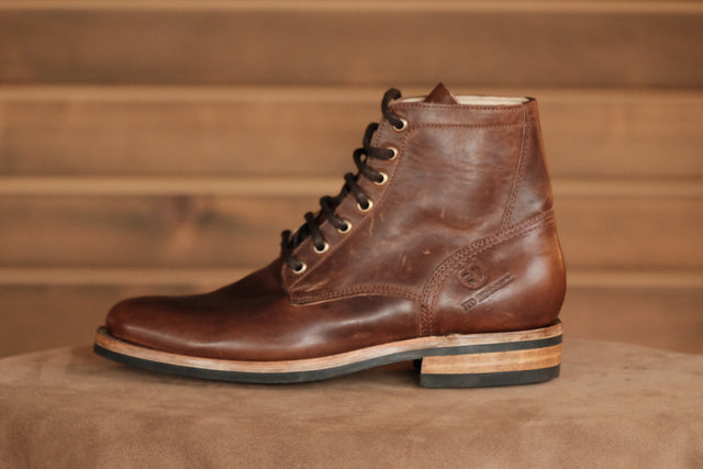 A handcrafted Russell Boot in Horween Dublin Nut Brown Leather