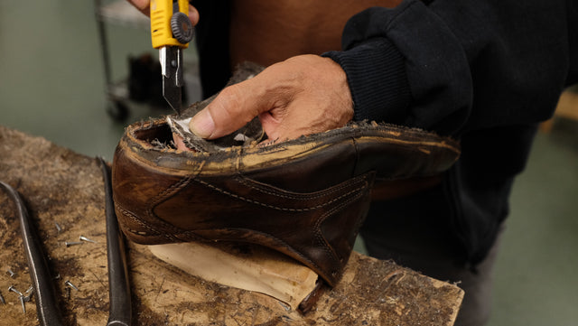 A repair on a leather shoe at the HD Russell workshop in East Van