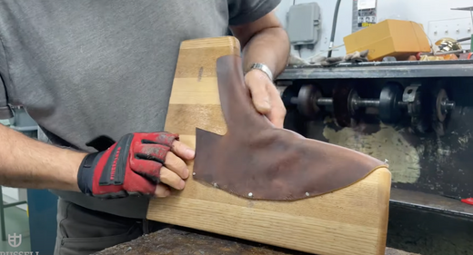 David crimping a vamp for a Chelsea boot by hand